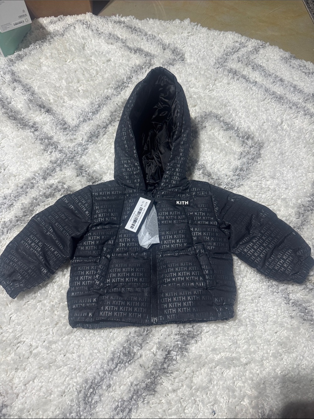 Kith Black All-Over Logo Hooded Puffer Jacket 12-18months nwt Msrp $175